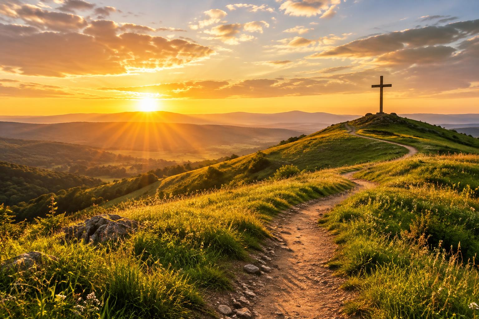 A winding path through green hills at sunrise leading toward a wooden cross